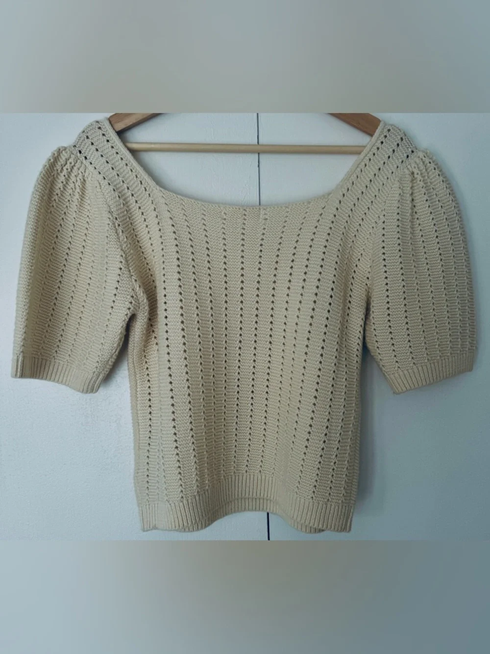 Shop Stevie Cream Openwork V-Neck Short Sleeve Sweater - Picture 2 of 3